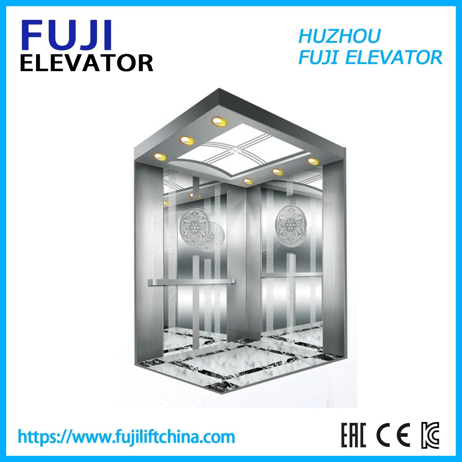 FUJI Brand Passenger Elevator 1150kg 2.0m/S Golden Titanium Mirror Etching Home Panoramic Villa Passenger Lift with Machine Roomless