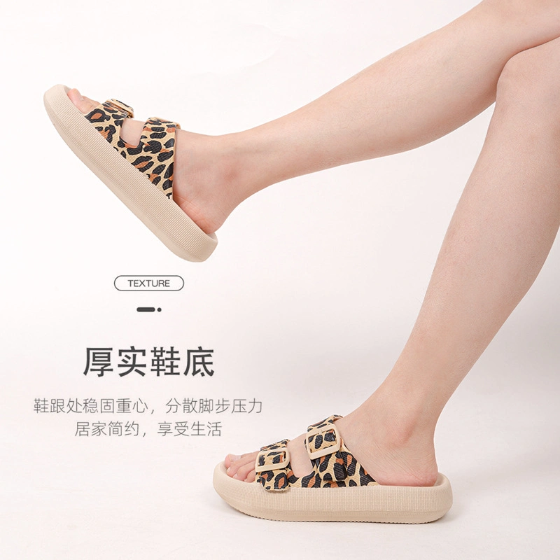 Leopard Printing Pillow Slides Fashion Casual Double-Buckle Slippers Thick Bottom Step on Shit Feeling EVA Sandals Slippers for Women