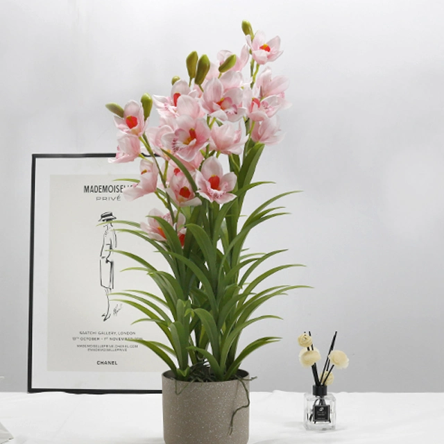 Natural Indoor Decoration Arrangements Cymbidium Flower Orchids Artificial Flowers with Pot