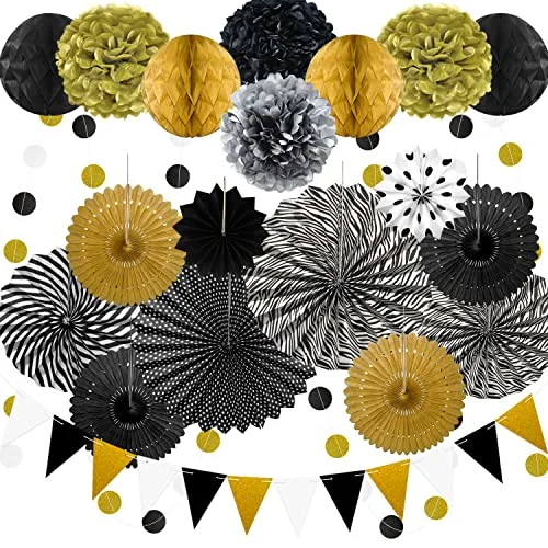 23PCS Paper Fan, Black and Yellow Hanging Paper Fans, Garland String Polka DOT and Triangle Bunting Flag Packs for Boy Birthday, Bridal Shower Party Decorations