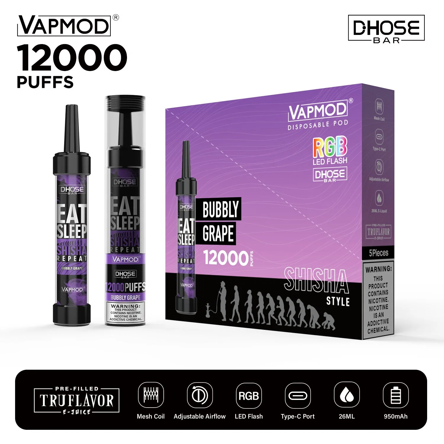 Vapmod 12K bocanadas Diposable Vapes 26ml precargadas 950mAh RGB de la bobina de malla Vapes Flash