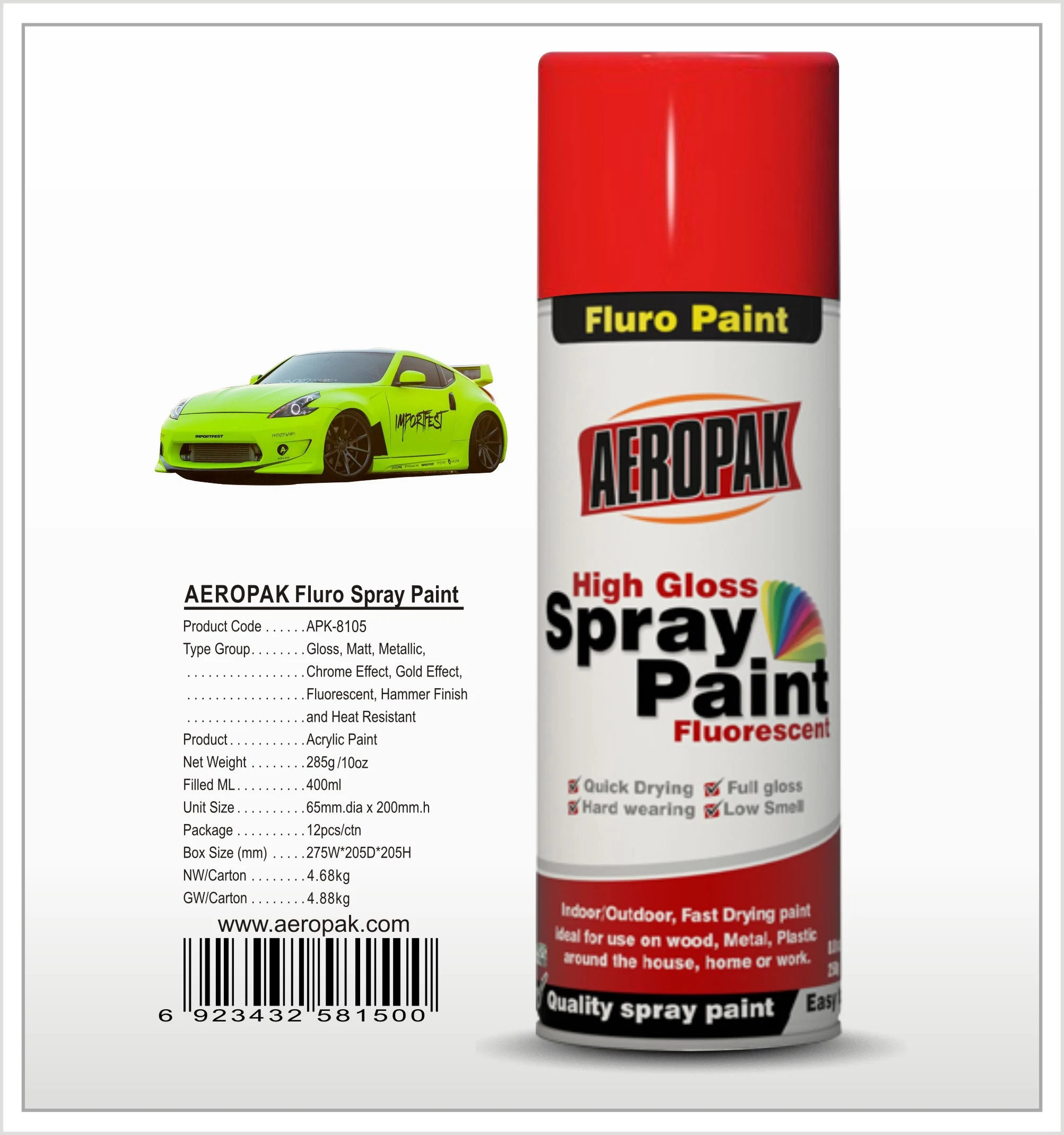 Aeropak 400ml ricos colores pintura fluorescente Spray