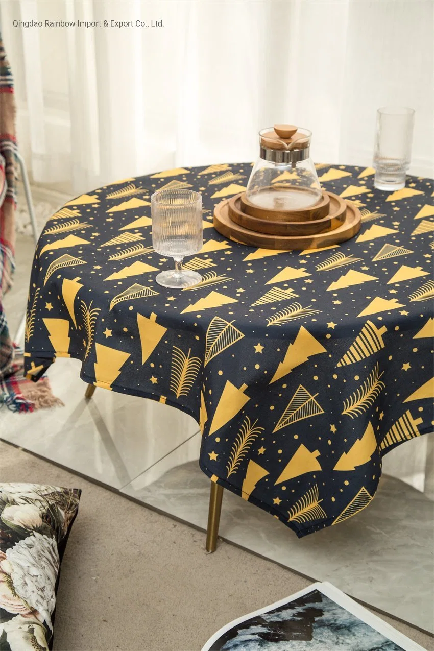 Xmas Tree Printed Table Leinen Schwarz Gold Winter Star Outdoor Tischdecke