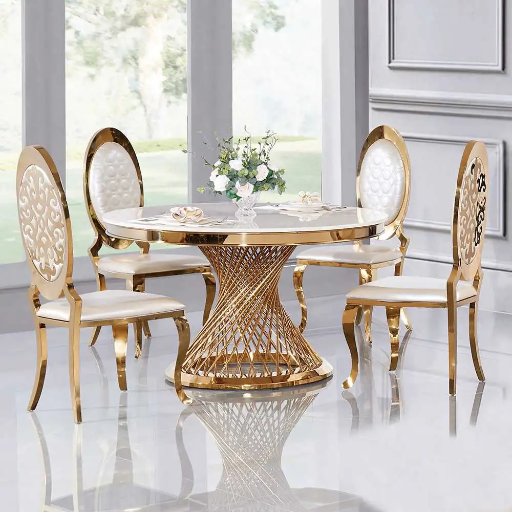 Mesa de jantar dourada de luxo em aço inoxidável