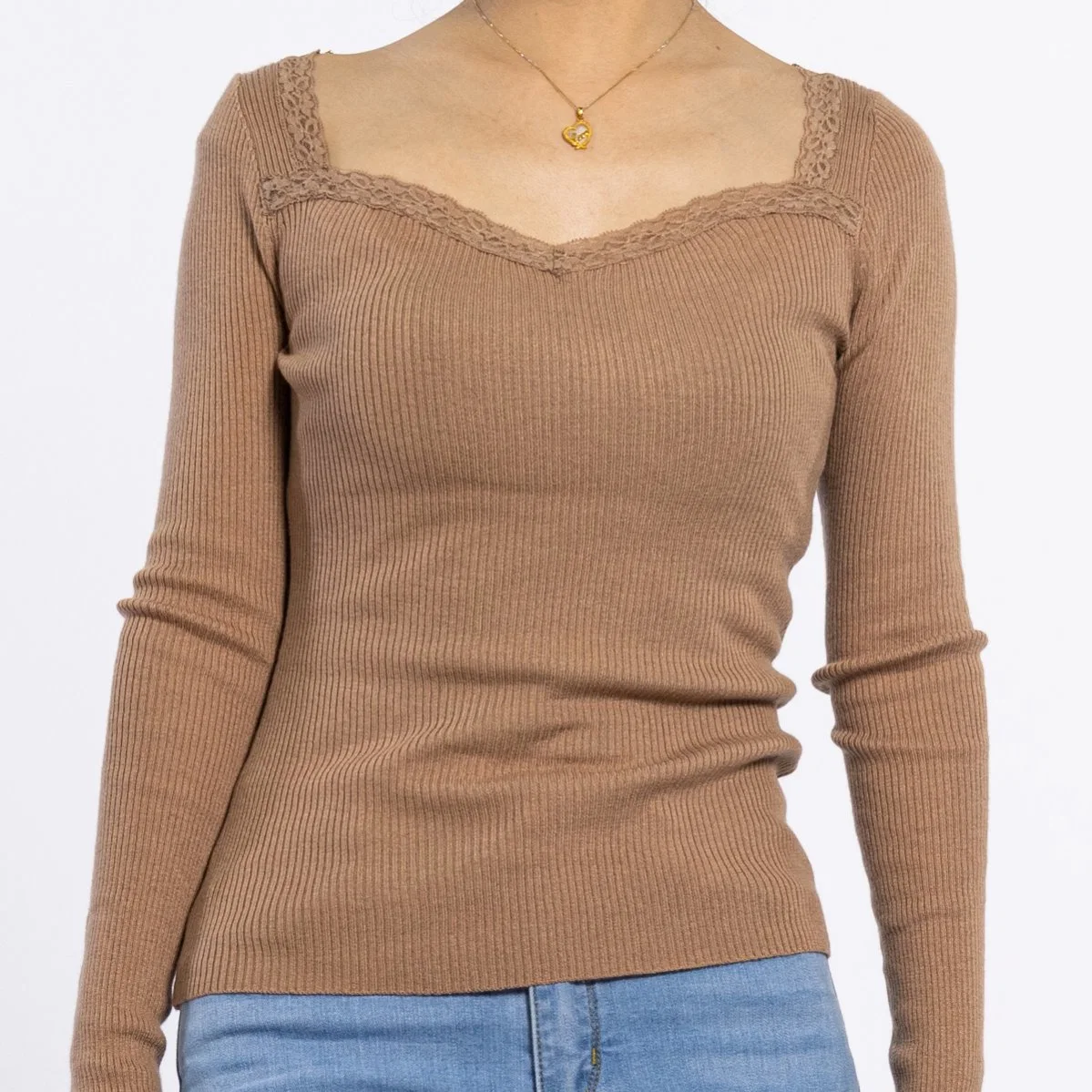 Custom Brown Color Ribbed Knitted Cotton Female Top Long Sleeve Women Sweater