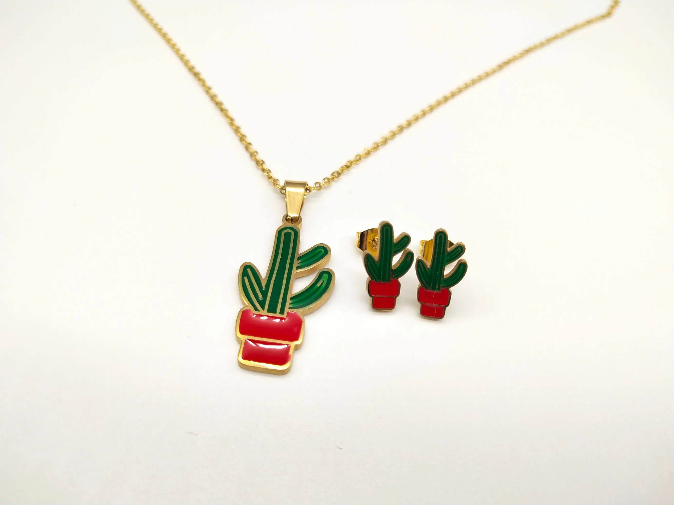 2023 Wholesale/Supplier New Fashion Gold Plated Colorful Cactus Stud Earrings Necklace Jewelry Set for Women