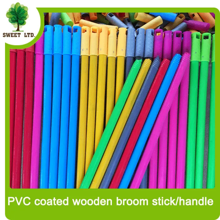 Hot Selling PVC Cover Plastic Coated Varnish Wooden Broom Mop Handle Stick