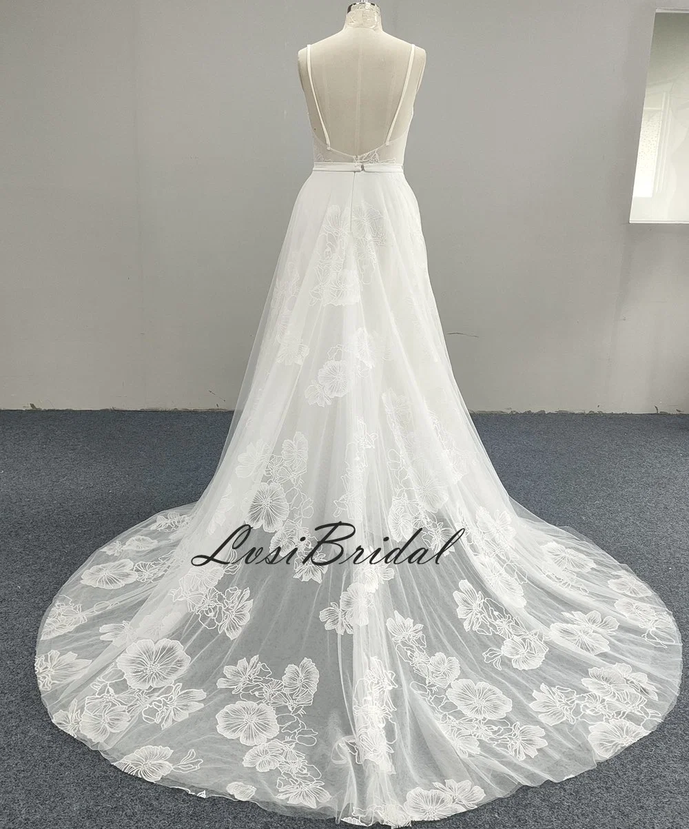 23009 Deep V Neckline and Spaghetti Straps Wedding Dress with Fashion Overlace and Sequins Bridal Gown Dress with A-Line Tulle Skirt by Manufacturer Bridal