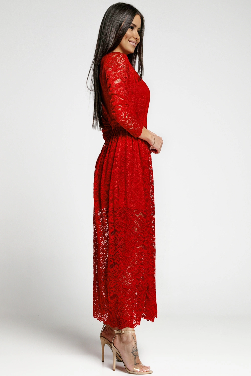 European Style Beatiful Red Lace Lady Long Evening Dresses Long Sleeve Prom Dress