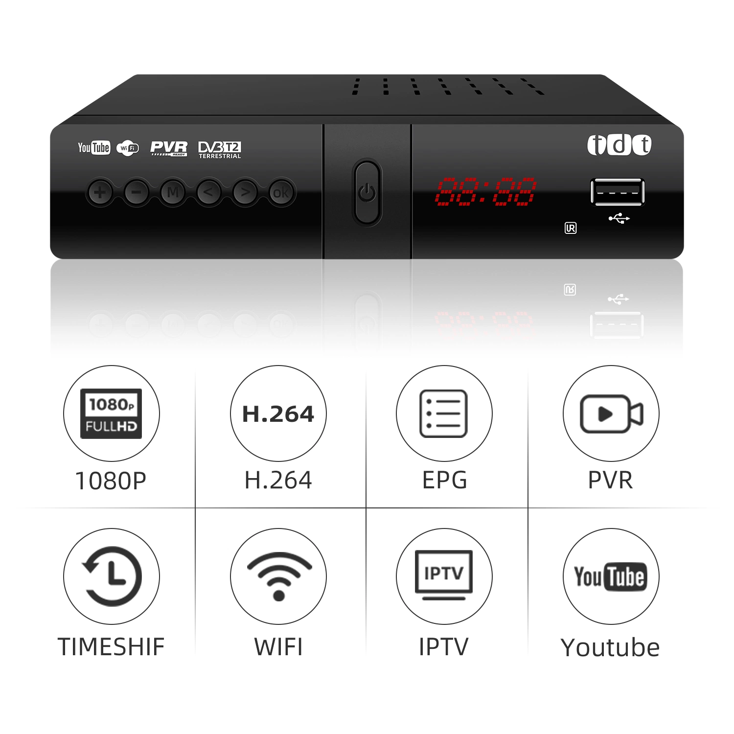 Junuo Caja de TV digital HD FTA DVB-T2 Sintonizador de TV receptor de TDT DVB T2 MPEG-2/4