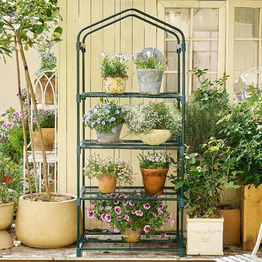 Mini Gewächshaus für Indoor Outdoor, kleine Kunststoffpflanze Green House 4-Tier Rack-Ständer Tragbare Gewächshäuser mit haltbarem PE-Bezug für Sämling