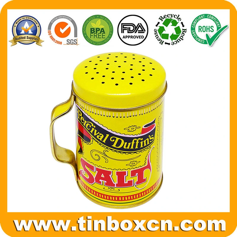 Cup Shape Round Metal Flavour Handle Tin Box with Hole for Pepper Salt Sugar Aginomoto Cooking