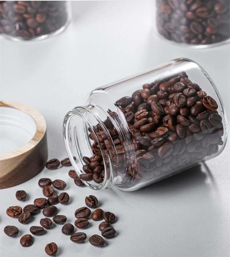 Kitchenware Round Acacia and Clear Sealed Multifunctional Spice Bean Glass Jar and Food Containers with Screw Wooden Lid