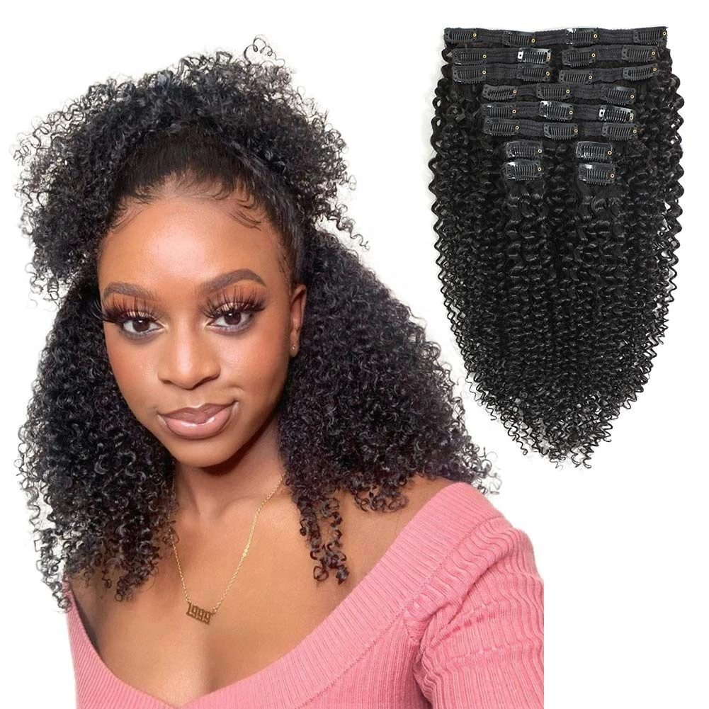 Kbeth Human Hair Extension Clip in for Black Women Hand Tied Hair Weave Remy Custom Long Yaki Kinky Straight Brazilian 100 Unprocessed Clip in Hair Extensions