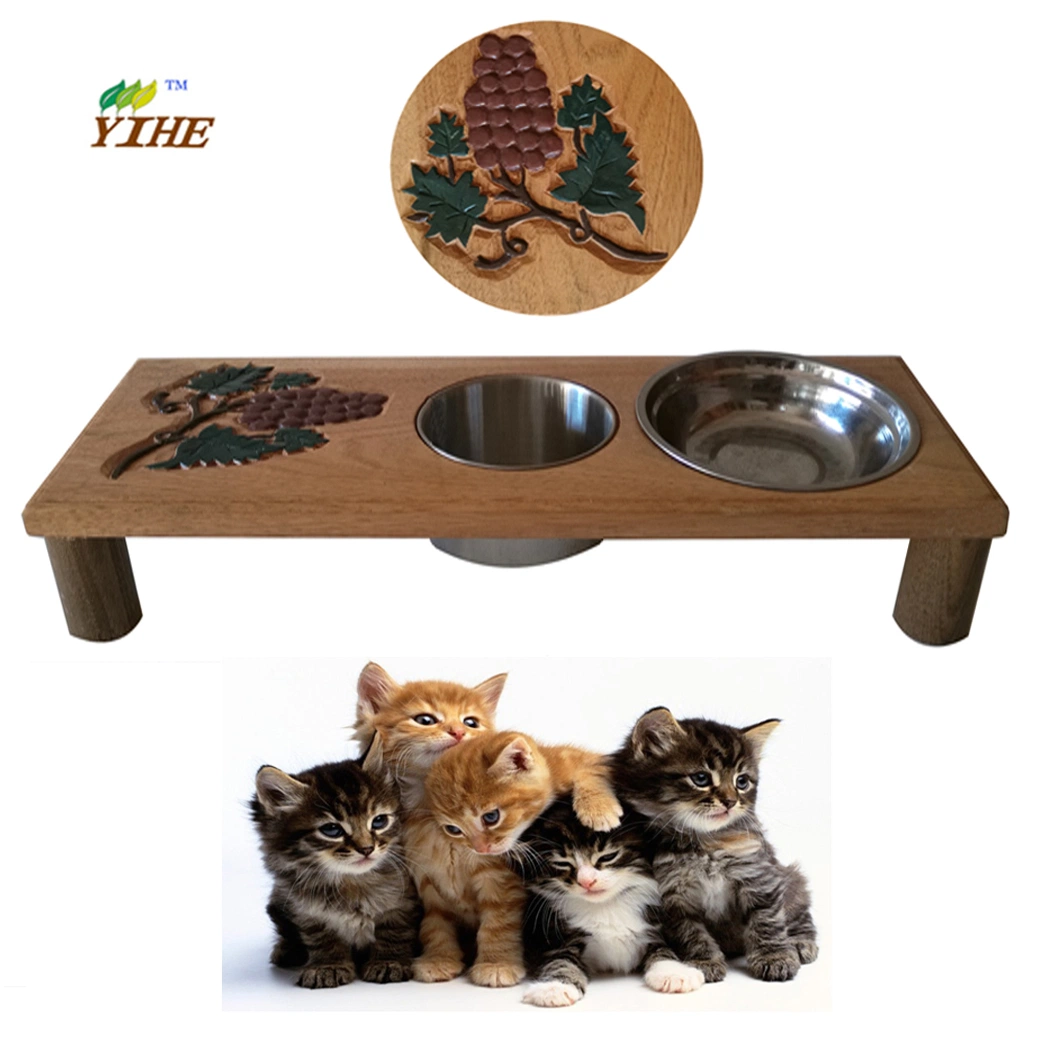 Cat Feeder Made by Handy Carving Wood Board and Stainless Steel Bowl