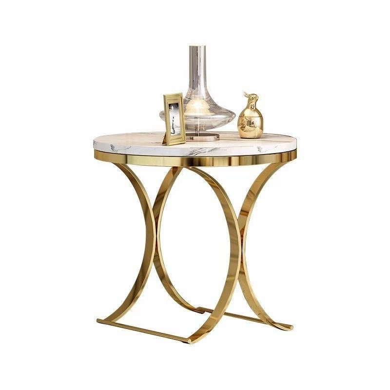 Italian Style Oval Round Shape Gold Stainless Steel Frame Two-Layer Coffee Side Table with White Marble Top