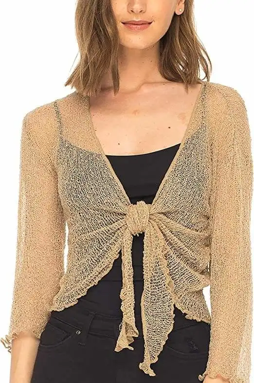 Women Solid Color Ribbed Long Sleeve V Neck Knit Shrug Tie Cardigan