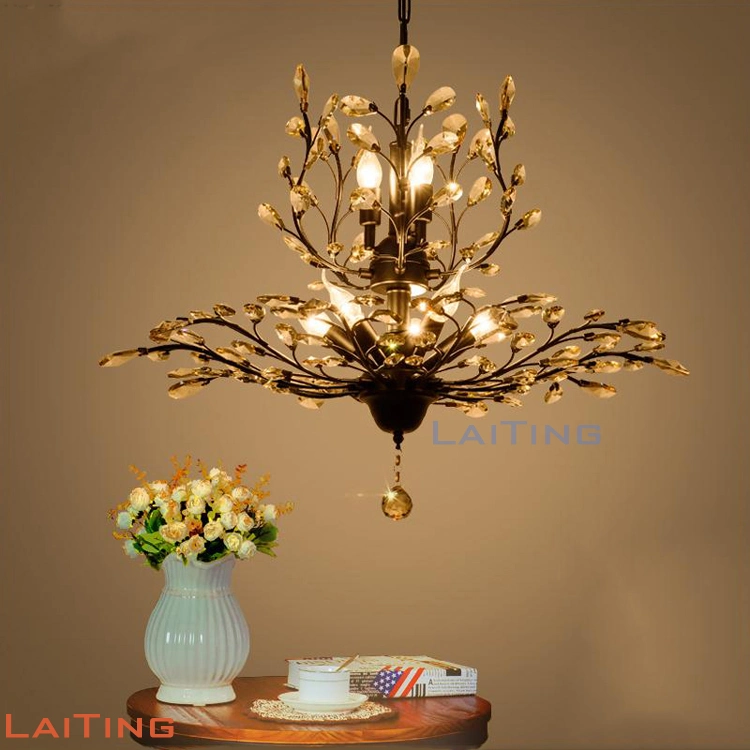 Rama de hierro forjado negro americano Tradictional Crystal LED lámpara de araña de flores colgante de industriales ligeros para Salon comedor