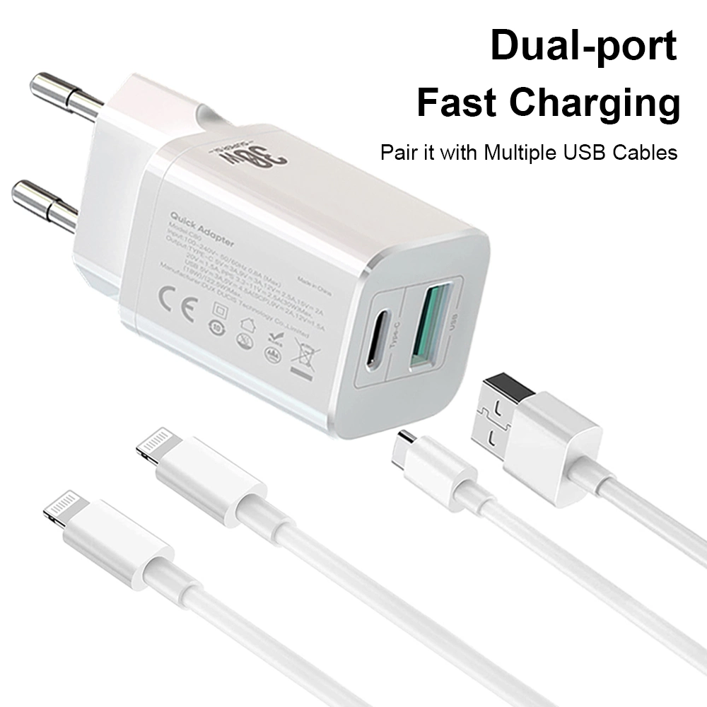 Amorus Super Si USB A+C Schnellladegerät Pd 30W + QC 18W Dual Ports EU-Stecker Wandladegerät Netzadapter Für iPhone 12-15 Series / Samsung / Huawei