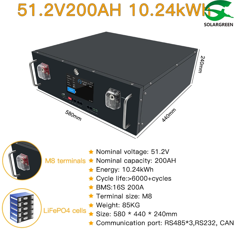 Premium 51.2V 200ah LiFePO4 Battery with 10.24kwh Capacity and 6000+ Cycle Life