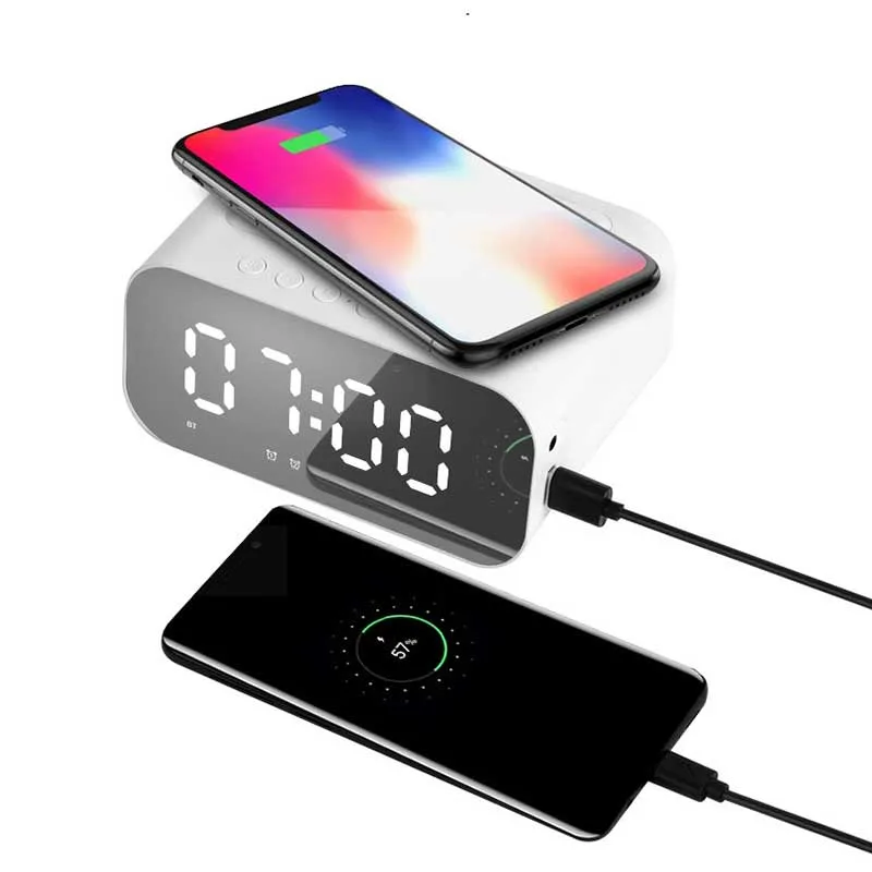 Multifunction Alarm Clock with LED Temperature Display Support Aux Play FM Radio Mobile Phone Wireless Charger