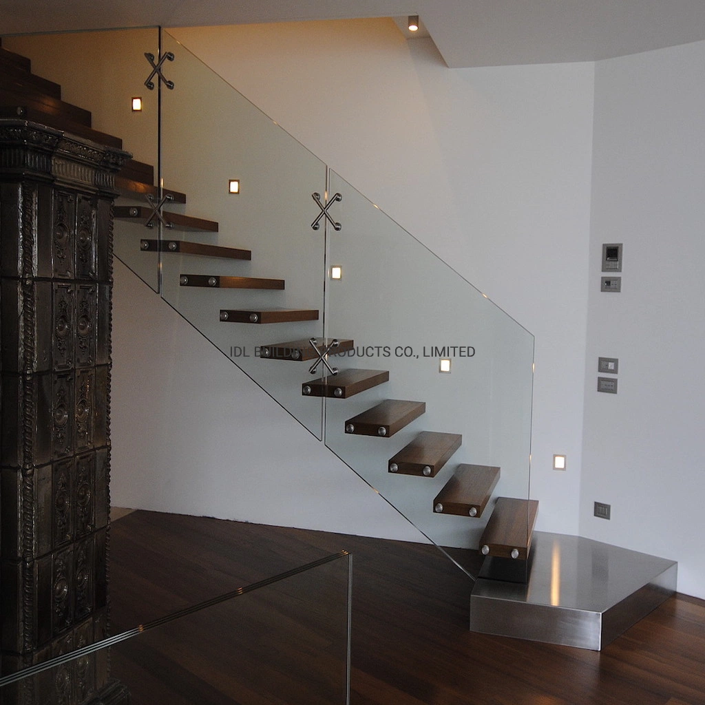 Hot Selling Glass Railing Solid Wood Steps Build Indoor Staircase Floating Stairs Stainless Steel Handrail