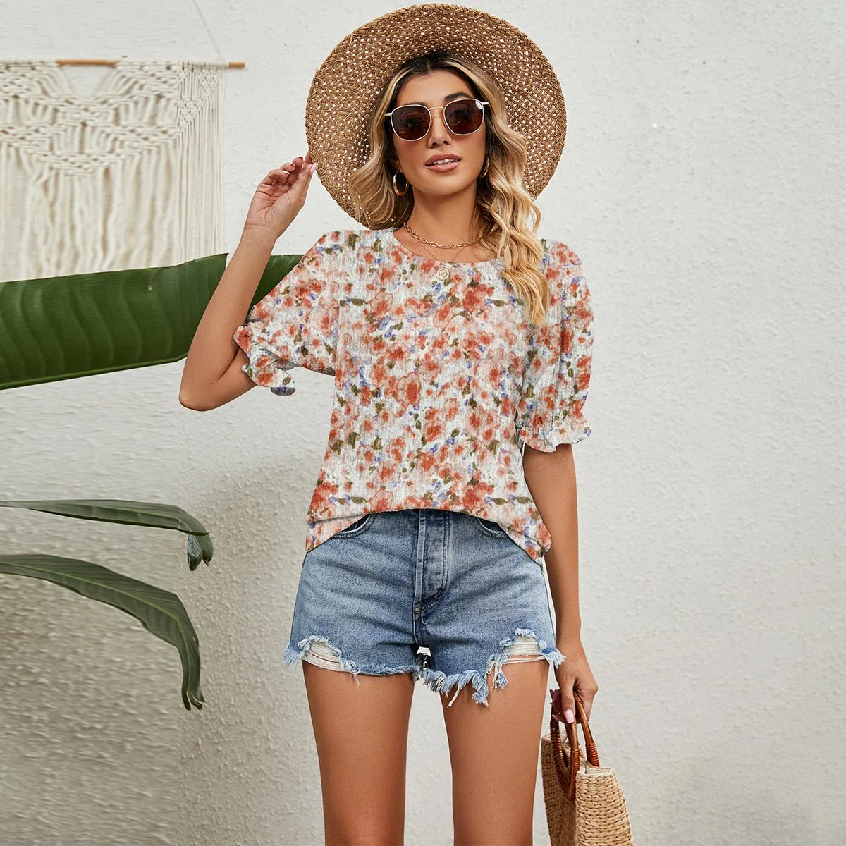 Europe and The United States Women's Clothing Amazon Summer New Floral Top Women 2023 Loose 100 Match Round Neck Pullover T-Shirt