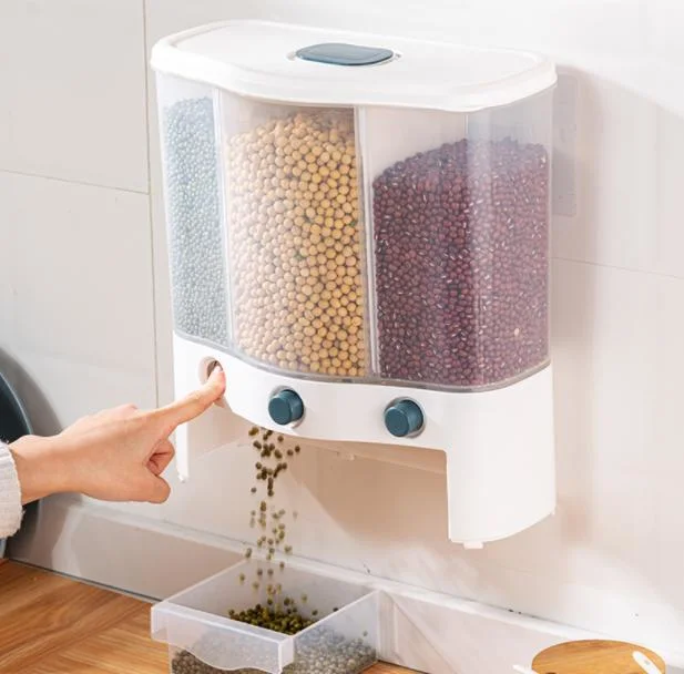 6L Cubo de arroz montado en la pared, tanques de almacenamiento clasificados de alimentos y granos, dispensador de cereales de cocina, contenedor