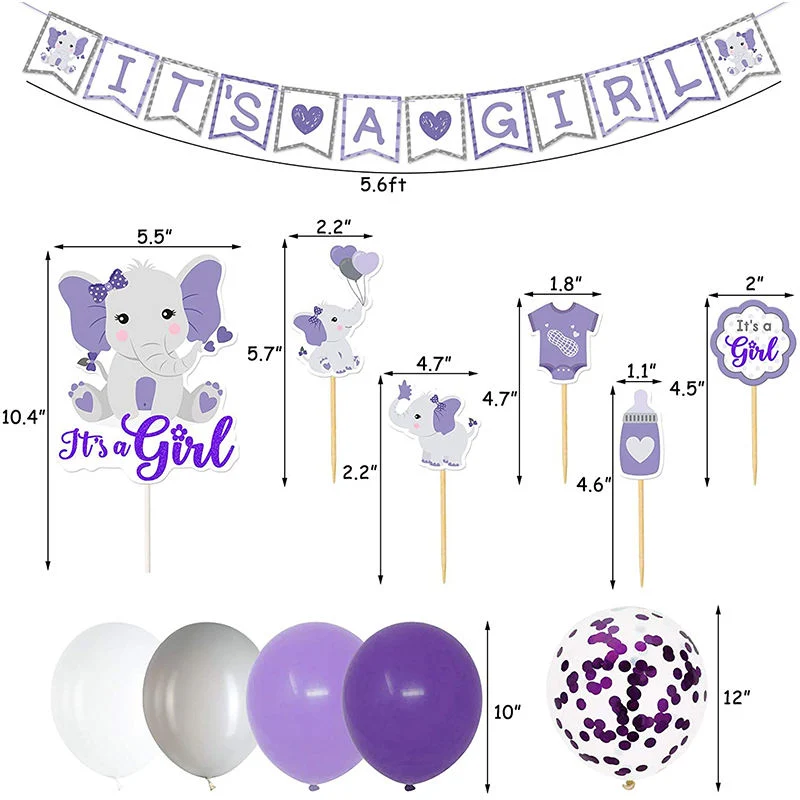 Púrpura Elefante Baby Ducha Fiesta de cumpleaños suministros Feliz Banner de cumpleaños Kit de temas