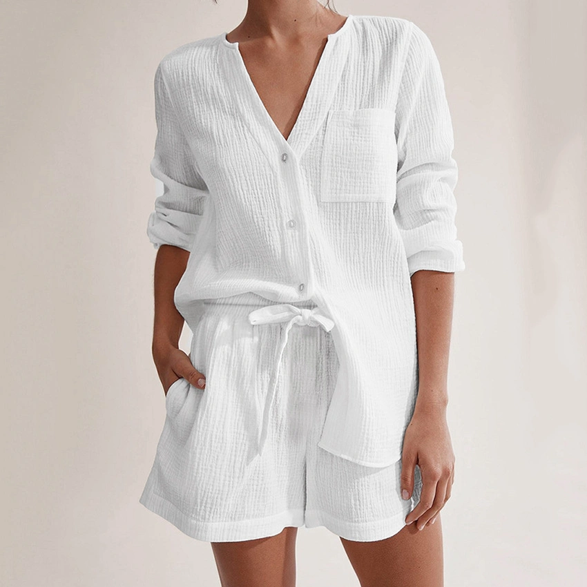 Women's Double Gauze Long Sleeve Pajamas Summer White Cotton Pyjamas Skims Lounge Wear
