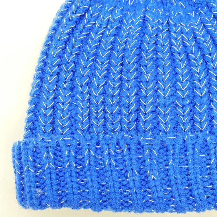 Fashion Adult Winter Warm Navy Reflective Yarn Fleece Lining Soft Knitted Beanie Hats with POM POM