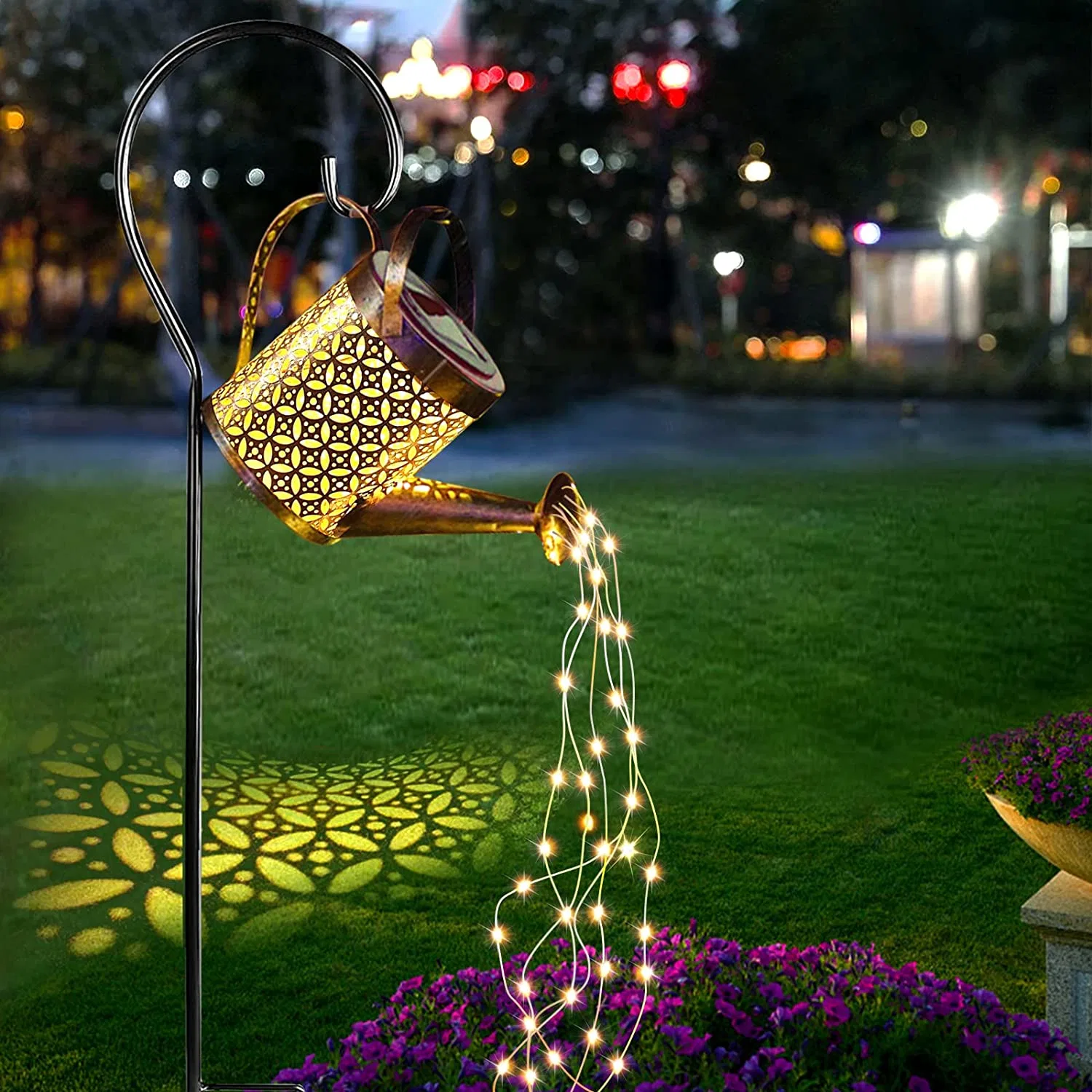 Outdoor Waterproof Solar LED Light Metal Hallow out Watering Can Garden Stake Decoration