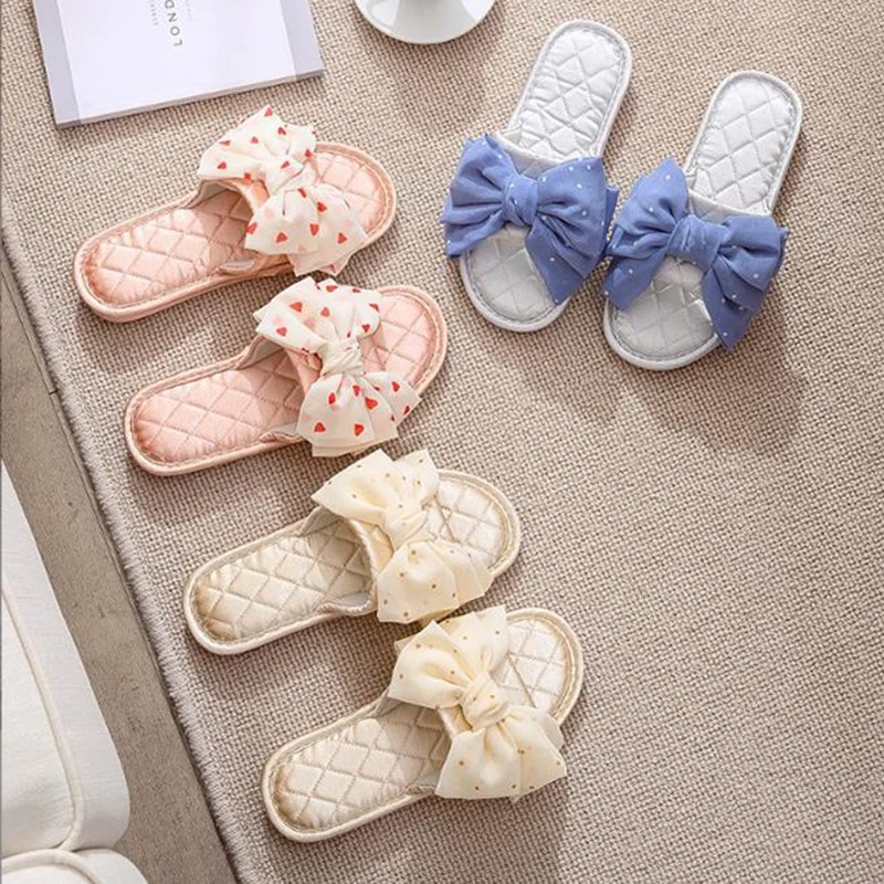 Spring Summer Home Satin Flat Slippers Open Toe Bow Tie Linen Sandals