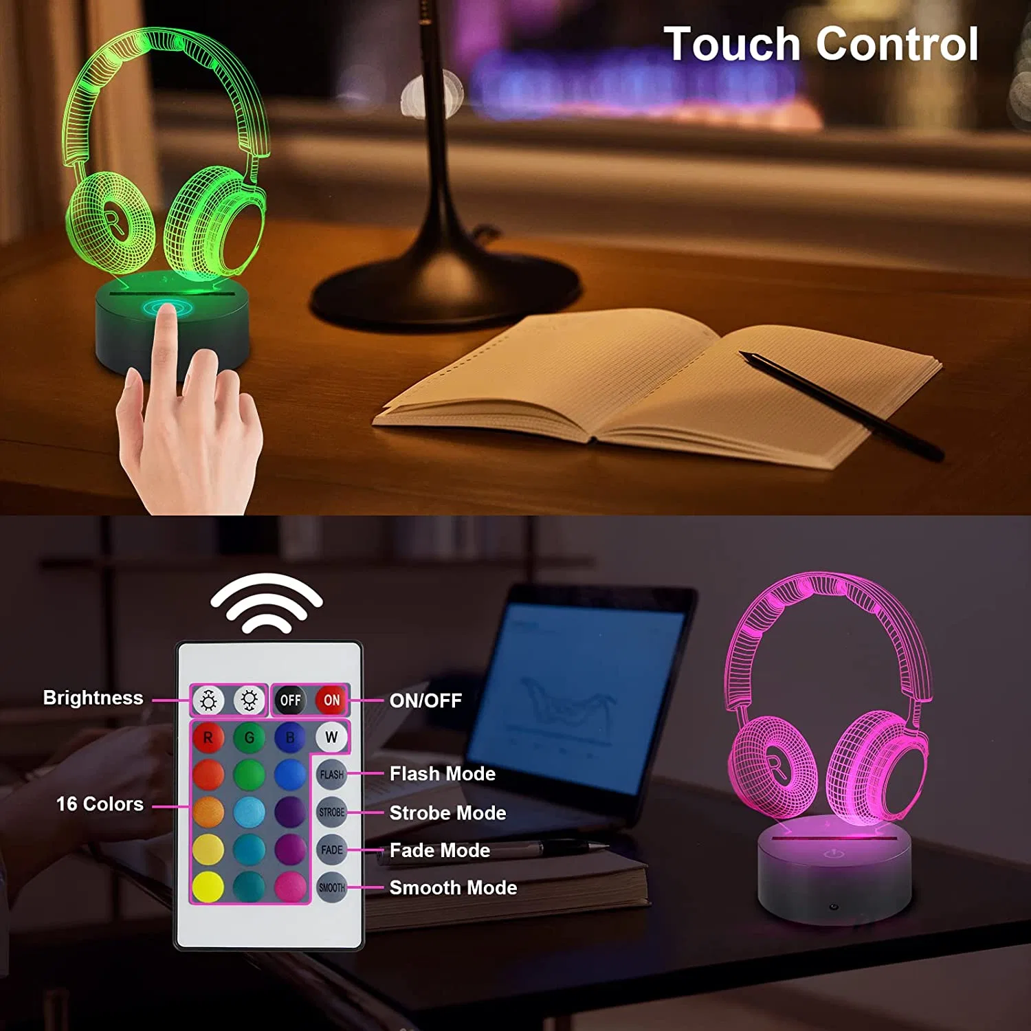 3D base acrílica Luz nocturna 16 colores Cambio de Smart Touch Mando a distancia Lámparas ópticas de Illusion Bedside dormitorio Casa decoración Noche Lámpara para niños niños y niñas