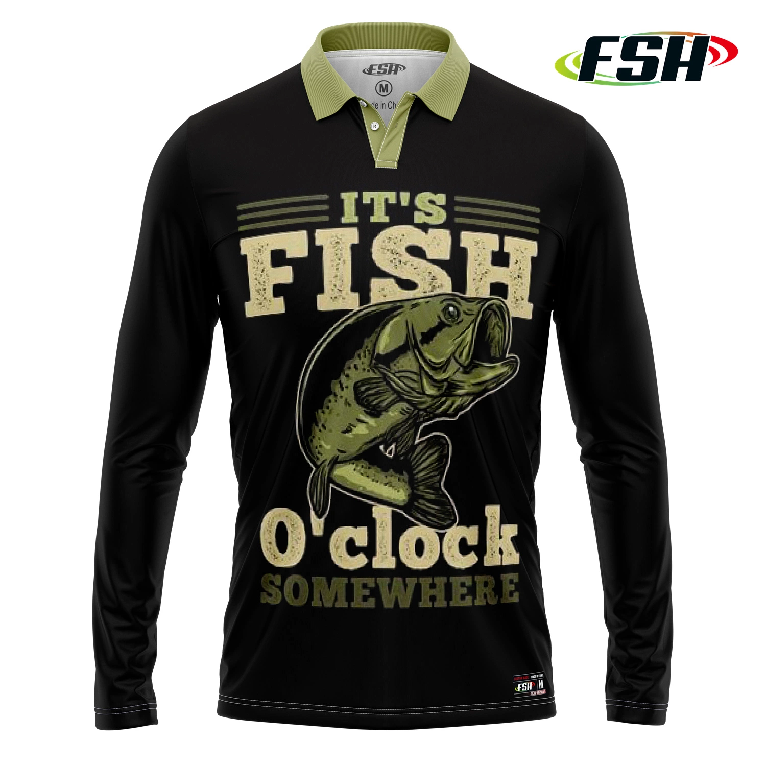 Black Polyester Polo Style Fashion Sublimation Print Fishing Shirt Men Outdoor Wear