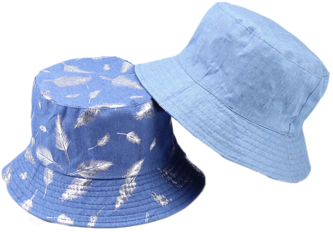 Fashion Reversable All Over Shining Glint Gold Silver Foil Feather Print Cotton Denim Fishing Bucket Hat Cap