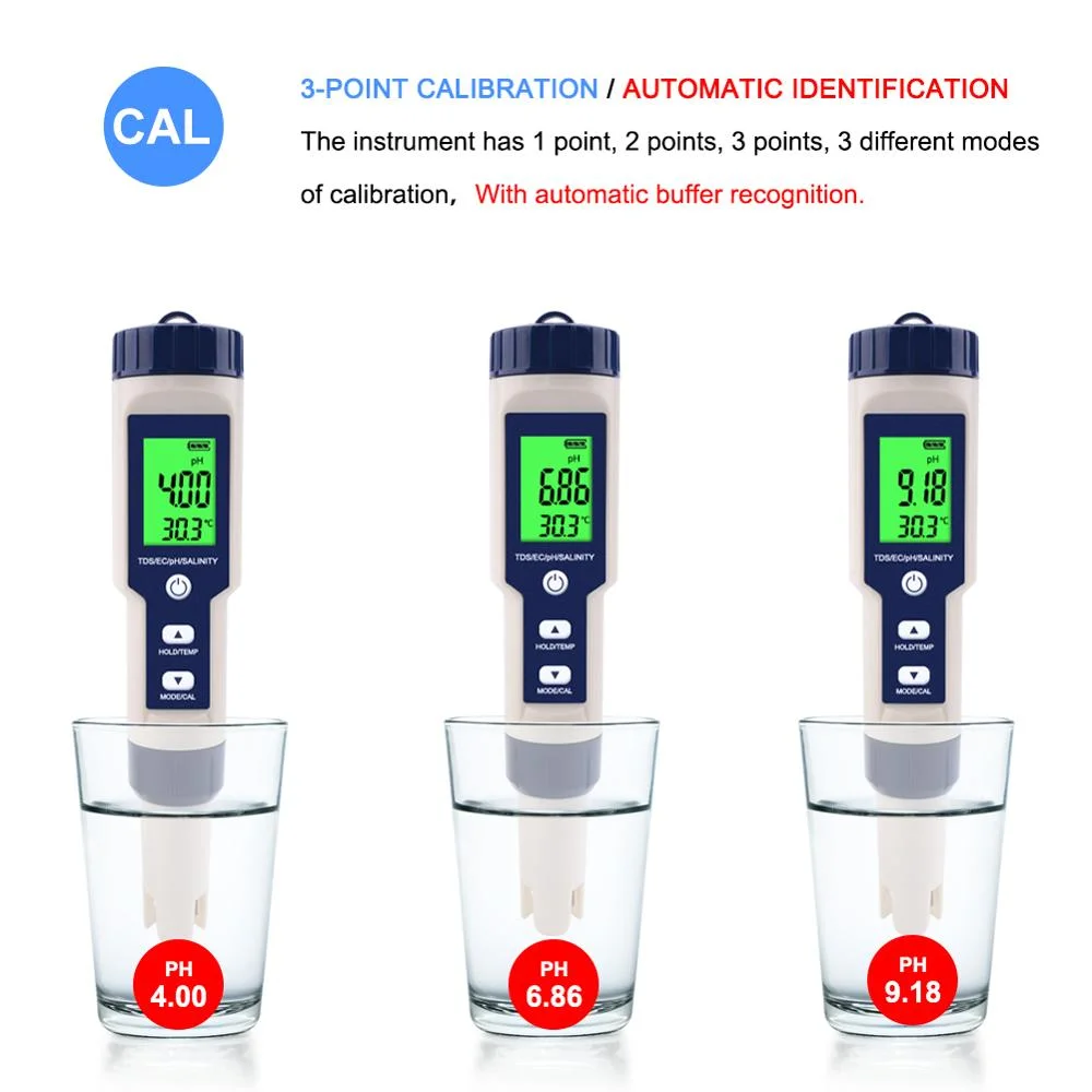 Ez9909A 5 en 1 Testeur de qualité de l'eau pH/TDS/Ec/Salinité/Température pour aquarium.