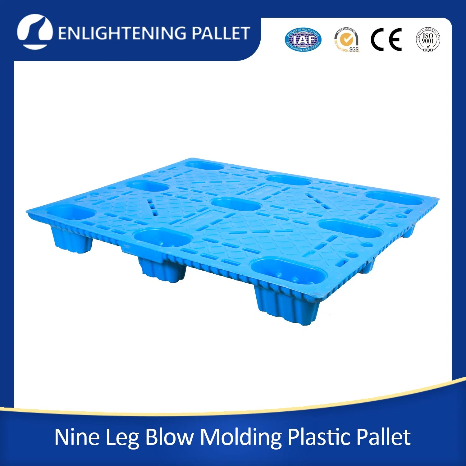 Nine Runner/Leg Heavy Duty Euro Size Blue Single Faced Transportation Warehouse Storage Nestable HDPE Blow Molding Plastic Pallet for Four Way Entry