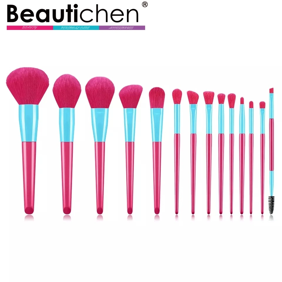 Beautichen Logotipo personalizado 14 piezas de Fibra Suave cabello todos los Multi Color Pinceles maquillaje cómodo manejo Juego de cepillos de maquillaje