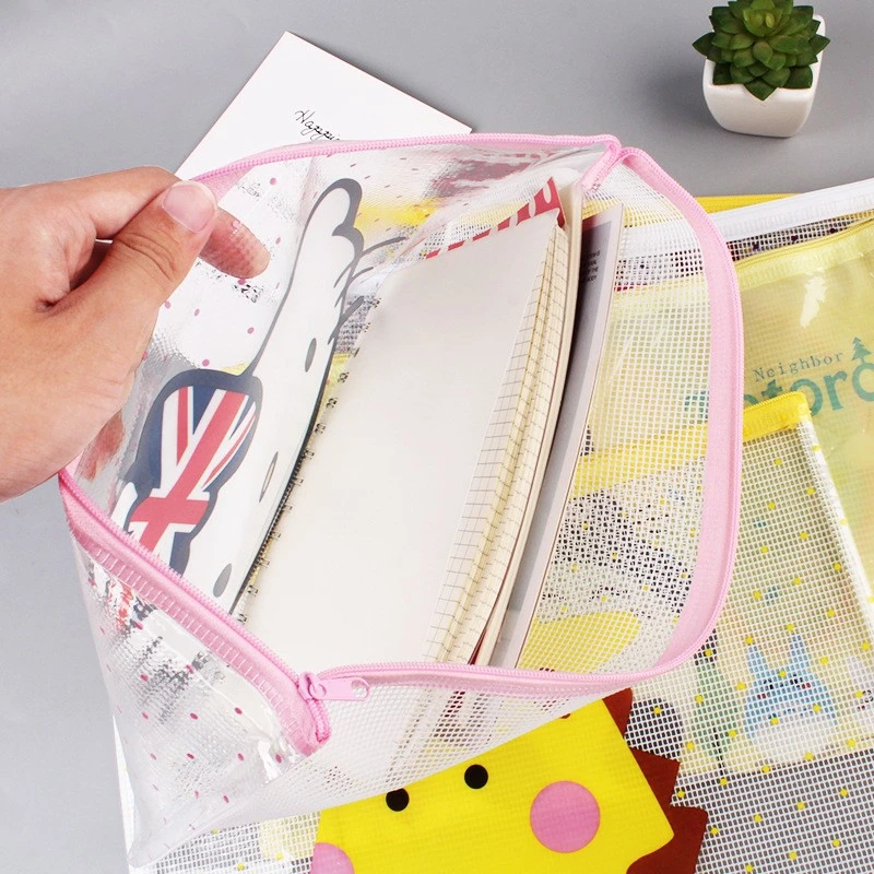 Office Supplies A4 Clear Cartoon PVC Mesh Organizer Document Zipper Bags