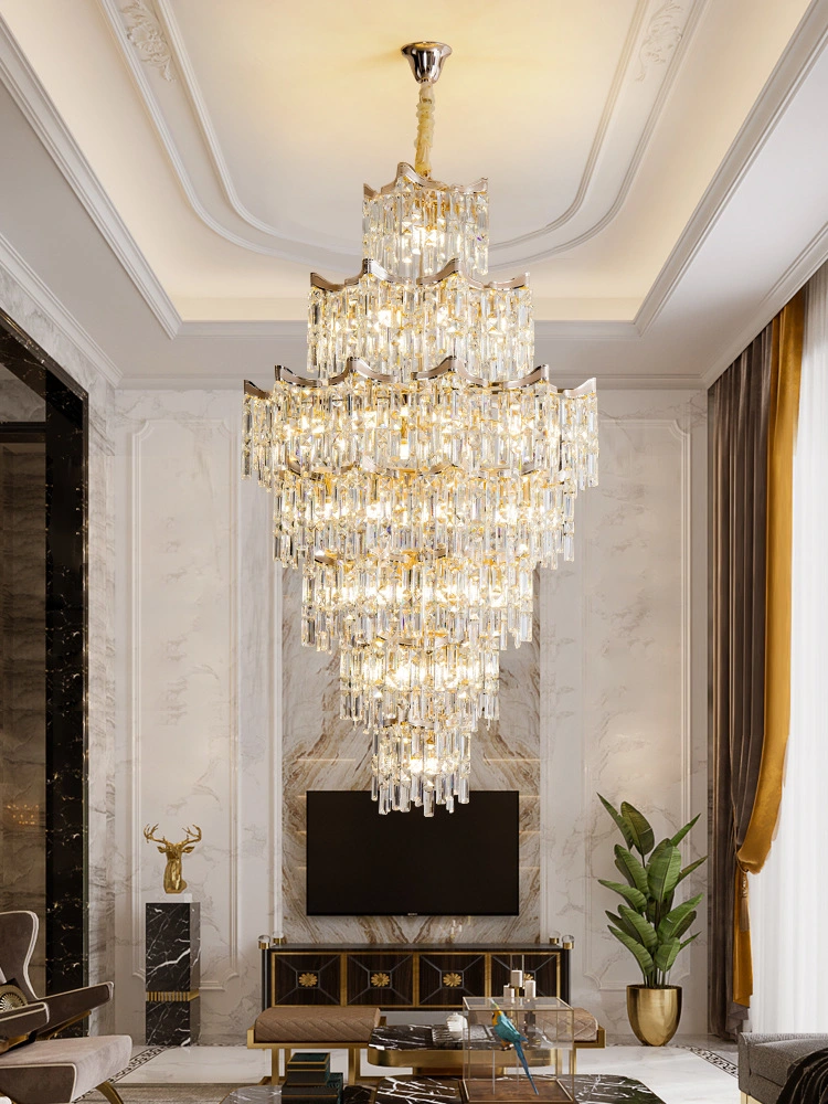 Lampe de salon de luxe pour villa penthouse française, lustre duplex neuf avec pendentif en cristal pour nouvel escalier.