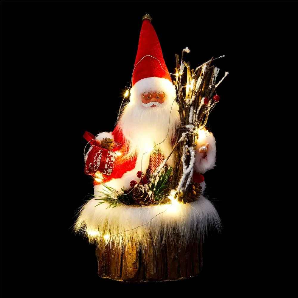 Wooden Based Santa Decoration with Light Figurines with LED Light Desktop Ornament