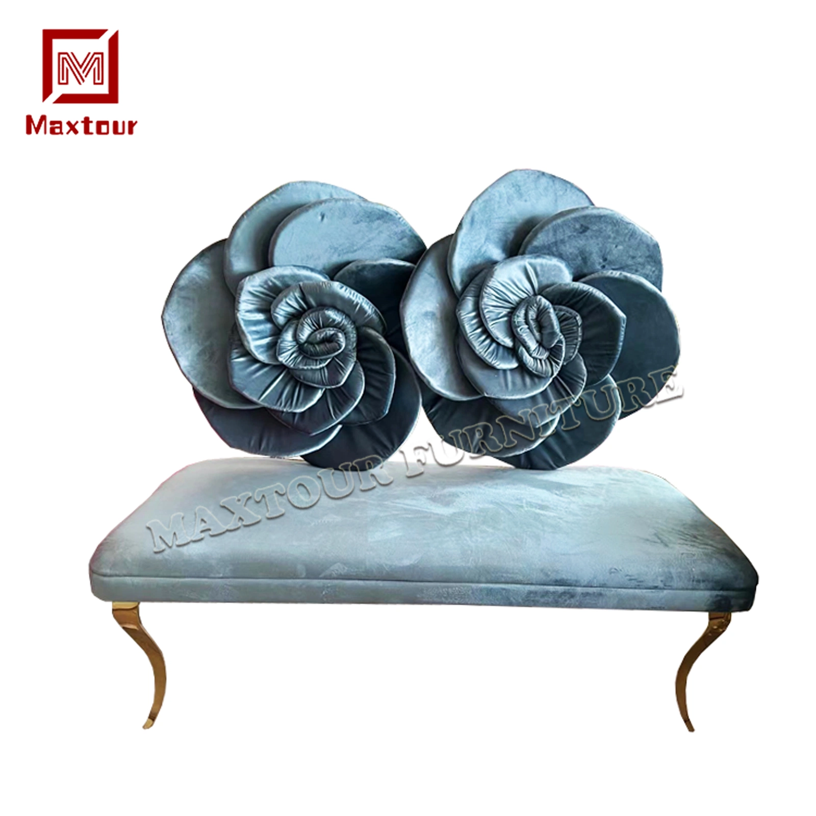 Double Seat Wedding Sofa Set Velvet Fabric Upholstered Flower Back Sofa Wedding Couch Event Rose Sofa