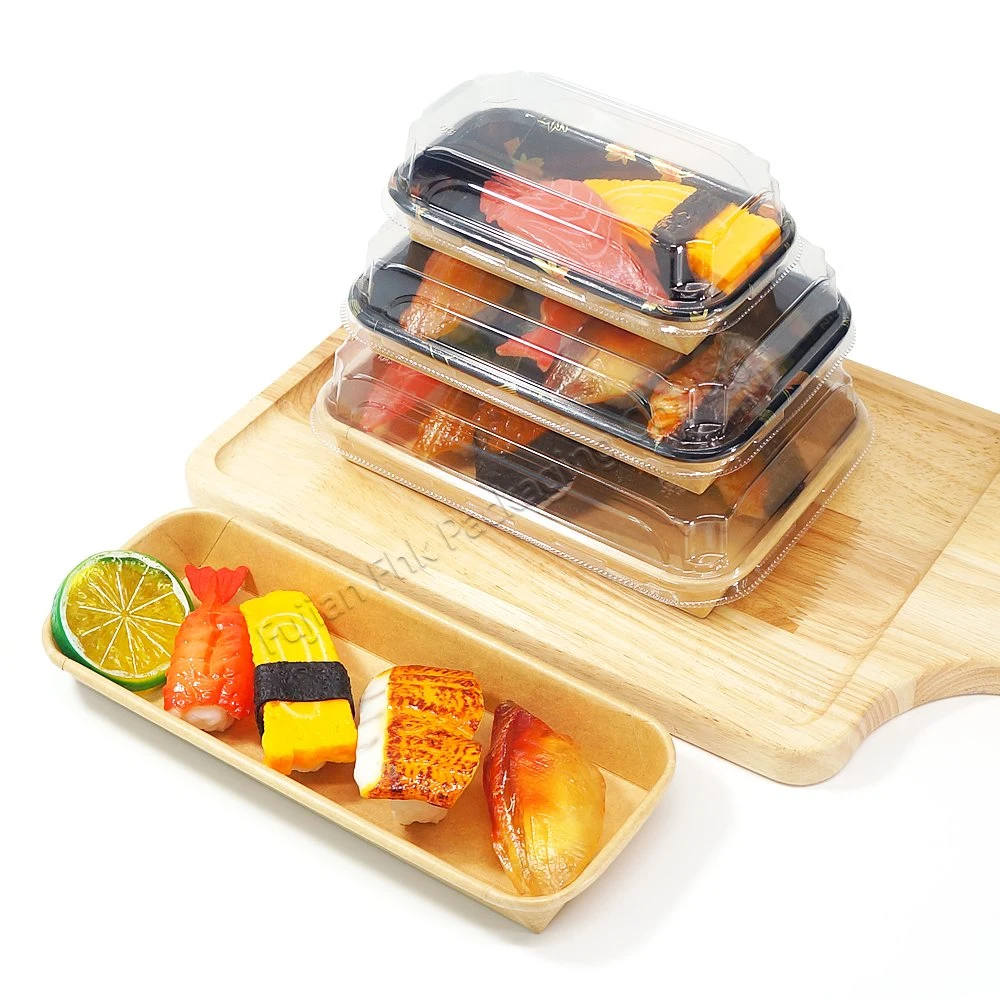 Tabuleiro de papel descartável tabuleiro de alimentos biodegradável tabuleiro de caixa de Sushi para embalagens ecológicas Coloque as placas de papel retangulares em plástico transparente na tampa