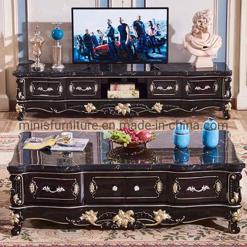 (MN-TS28) Living Room/Hotel Antique Table Furniture Royal Marble Wood Black/Golden TV Stand