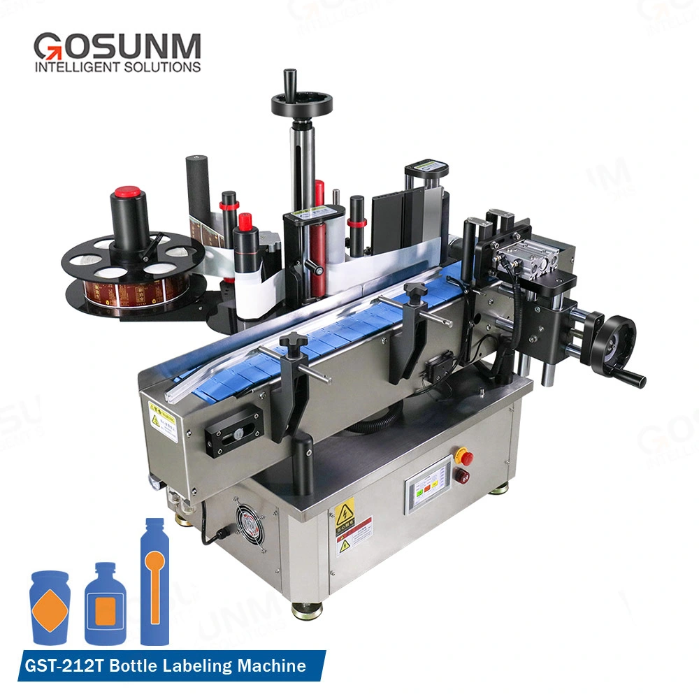 Gosunm Tabletop Wrap Around Labeling Machine Wine Beer Cup Jars Pail Bottles Container Label Pasting Machine Automatic Round Bottle Labeling Machine