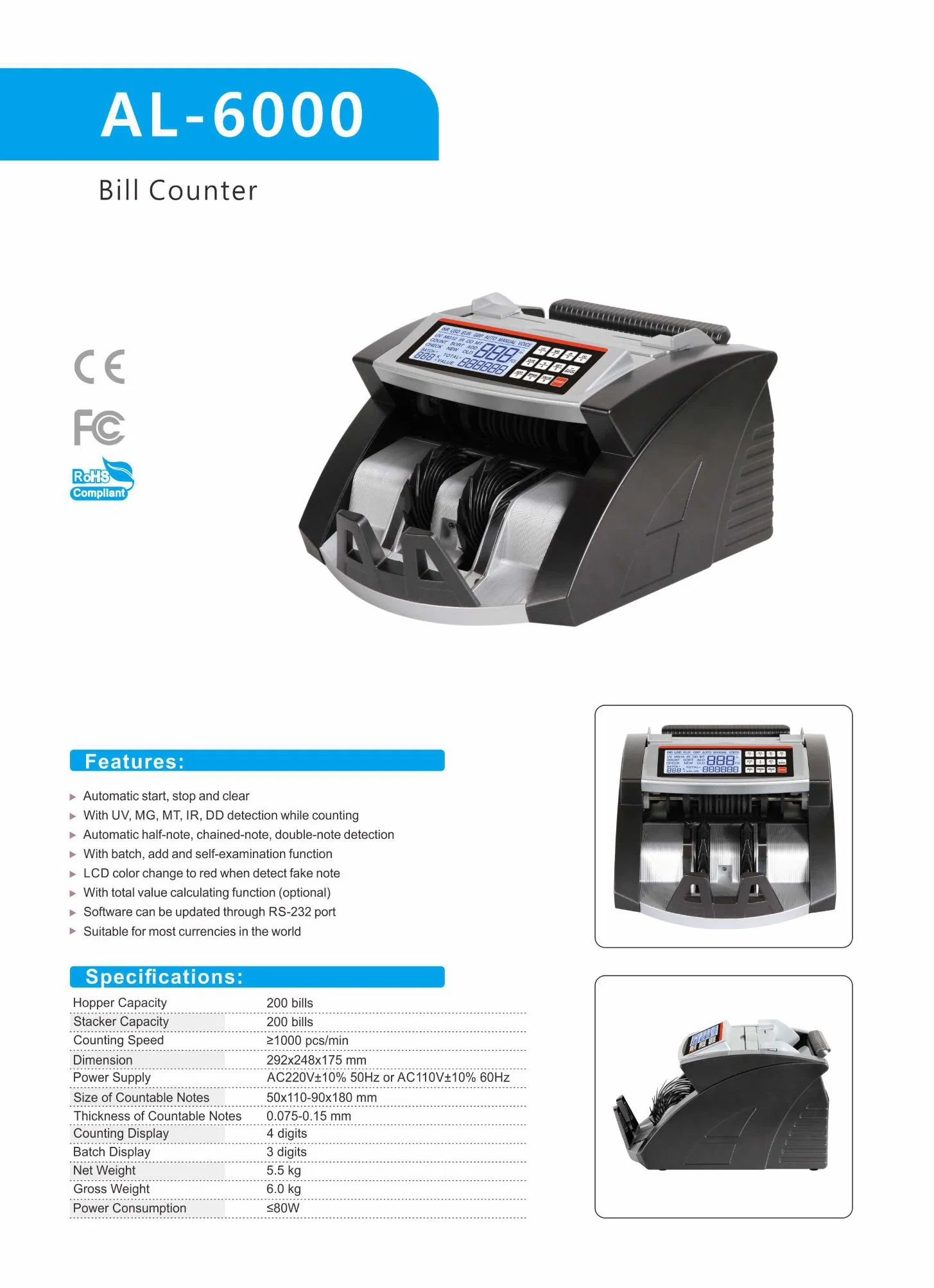 Al-6000 Mixed Money Africa Note Acceptor Bill Money Counter Counting Machine