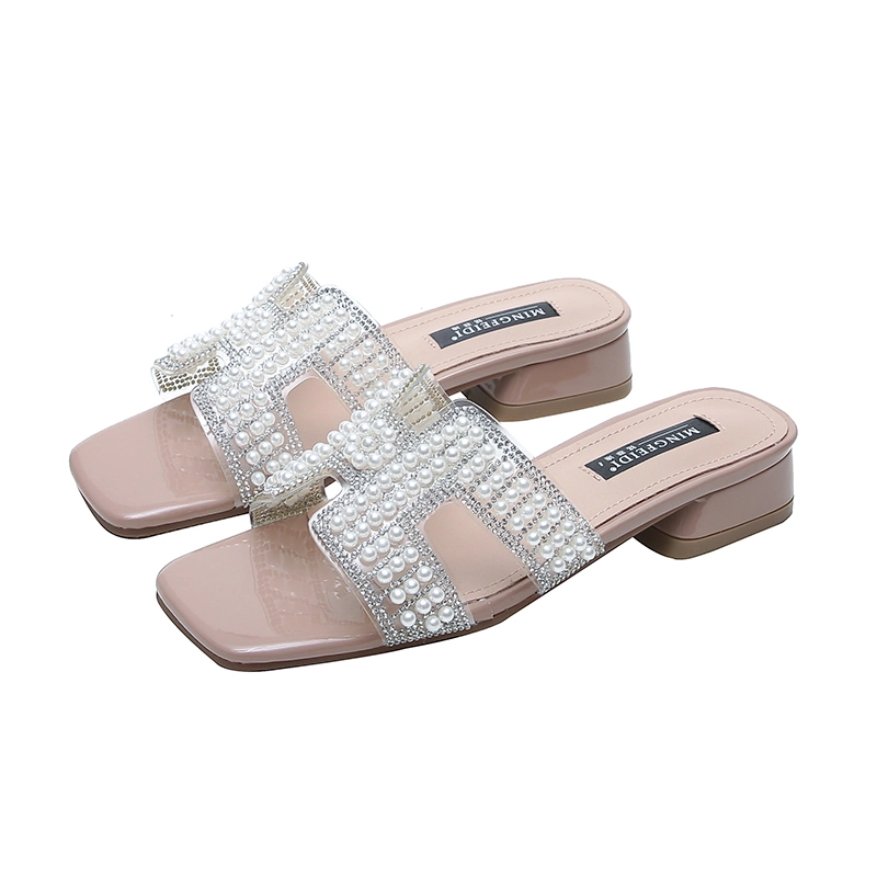 2020 New Arrival Summer Female Slippers Low Heel Fashion Ladies Shoes with Square Head H Rhinestone Design