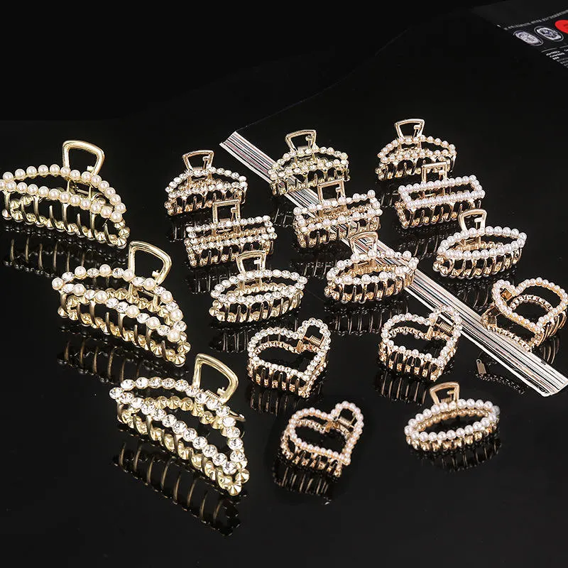 New Popular Style Women and Girls Geometry Pearl Hair Claw Large Grip Rhinestone Spring Clip Hair Accessories Ornament