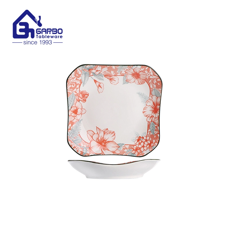 8 Inch Ceramic Porcelain Square Soup Plates and Dishes Dinnerware Set with Decal Flower